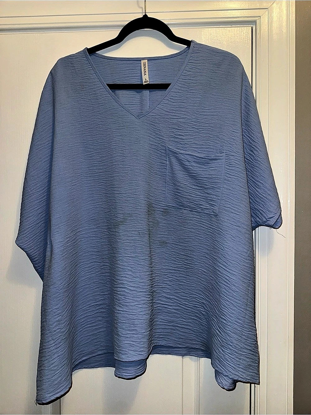 ZENANA Woven Airflow V-Neck Dolman Short Sleeve Top w/ Pocket Top Blue Large